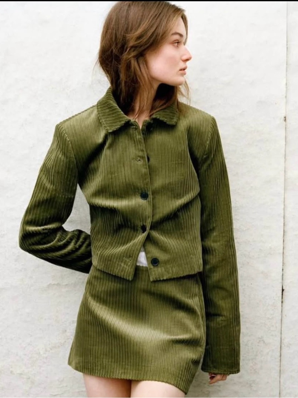 Olive Green Corduroy Button-Front Jacket&Skirt Set